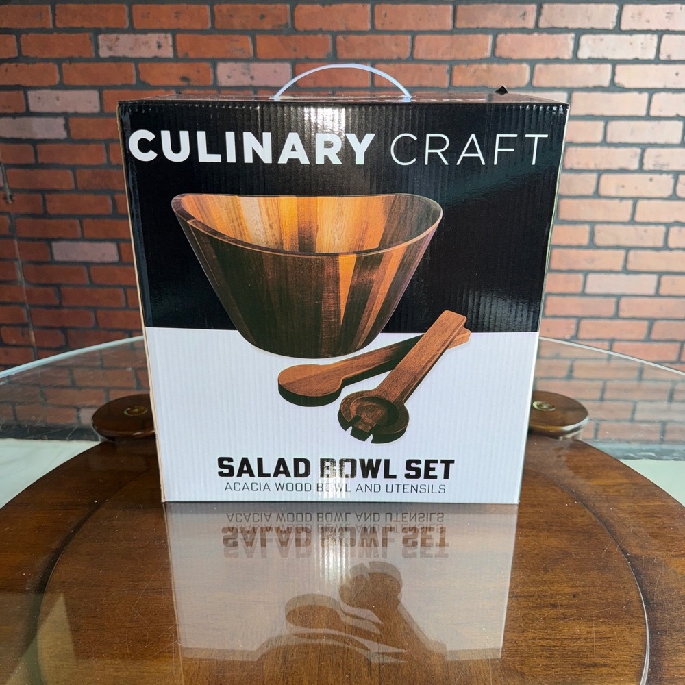 Culinary Craft Acacia Wood Salad Bowl Set 3 Piece with Serving Spoon and Fork